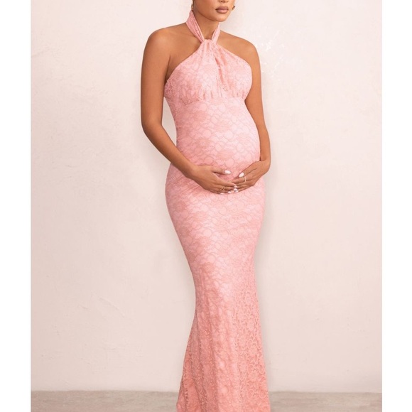 Club London Dresses & Skirts - Blush Pink Club London Halter Lace Maxi Maternity Dress with Keyhole Cutout